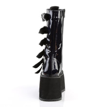 Load image into Gallery viewer, back side view of black oil slick vinyl pvc 3.5" platform lace-up front Mid-calf boot Features 6 cone-studded buckle straps and Inside metal zip closure