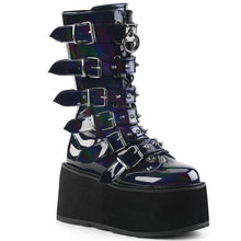 Load image into Gallery viewer, right side view of black oil slick vinyl pvc 3.5" platform lace-up front Mid-calf boot Features 6 cone-studded buckle straps and Inside metal zip closure