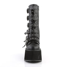 Load image into Gallery viewer, front side view of black Vegan leather 3.5" platform lace-Up front mid-calf boot Features 6 cone-studded buckle straps and Inside metal zip closure