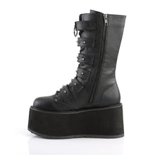 Load image into Gallery viewer, left side view of black Vegan leather 3.5" platform lace-Up front mid-calf boot Features 6 cone-studded buckle straps and Inside metal zip closure