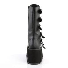 Load image into Gallery viewer, back side view of black Vegan leather 3.5" platform lace-Up front mid-calf boot Features 6 cone-studded buckle straps and Inside metal zip closure