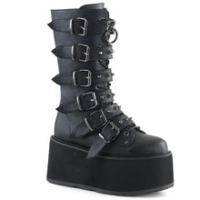 Load image into Gallery viewer, right side view of black Vegan leather 3.5" platform lace-Up front mid-calf boot Features 6 cone-studded buckle straps and Inside metal zip closure