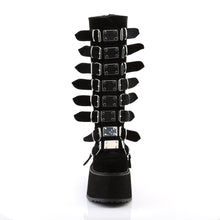 Load image into Gallery viewer, front side view of black vegan velvet suede 3.5" platform knee high boot Features 8 buckle straps w/ metal plates at center and back metal zip closure