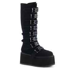 Load image into Gallery viewer, right side view of black vegan velvet suede 3.5" platform knee high boot Features 8 buckle straps w/ metal plates at center and back metal zip closure