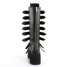 Load image into Gallery viewer, back side view of black vegan leather 3.5" platform knee high boot. Features 8 buckle straps w/ metal plates at center with back metal zip closure