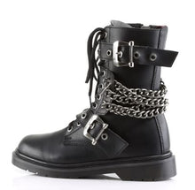 Load image into Gallery viewer, left side view of black vegan leather 1" heel 10 eyelet goth punk military combat boot with buckles and chains with full inner side zipper
