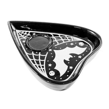Load image into Gallery viewer, Use as a place to stash jewelry, coins, or other small things. Planchette is black, with a white bat, small white skull and stars details,, and white spiderweb details. CANDLE NOT INCLUDED.
