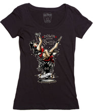 Load image into Gallery viewer, Black Lucky 13 scoop neck shirt with a full front print of Lucky 13's "Down With The Ship" screen print.