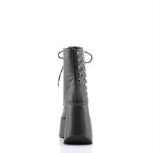 Load image into Gallery viewer, back side view of black vegan leather 5" Star cut-out wedge platform with lace-up front ankle boot Features exposed ornamental zipper and studs at outer side with Inside zip closure