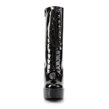 Load image into Gallery viewer, front side view of black vinyl 5" stack heel with 1 1/2" platform Lace-up front ankle boot with full inner side zipper