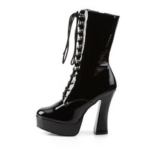 Load image into Gallery viewer, inner view of black vinyl 5" stack heel with 1 1/2" platform Lace-up front ankle boot with full inner side zipper