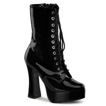 Load image into Gallery viewer, outer view of black vinyl 5" stack heel with 1 1/2" platform Lace-up front ankle boot with full inner side zipper