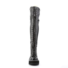 Load image into Gallery viewer, front side view of black vegan leather 2" platform Straight thigh-high lace-up boot with outer metal zipper