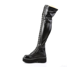 Load image into Gallery viewer, outer side view of black vegan leather 2" platform Straight thigh-high lace-up boot with outer metal zipper