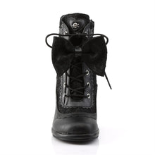 Load image into Gallery viewer, front view of Black vegan leather 3 3/4" Heel 1/2" Platform Lace-up front Ankle boot with lace overlay on vamp Featuring puffy heart & lace bow detail with inner side zipper