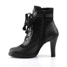 Load image into Gallery viewer, inner side view of Black vegan leather 3 3/4" Heel 1/2" Platform Lace-up front Ankle boot with lace overlay on vamp Featuring puffy heart & lace bow detail with inner side zipper