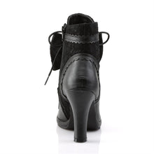 Load image into Gallery viewer, back side view of Black vegan leather 3 3/4" Heel 1/2" Platform Lace-up front Ankle boot with lace overlay on vamp Featuring puffy heart & lace bow detail with inner side zipper