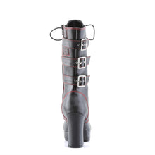 Load image into Gallery viewer, back side view of Black vegan leather with red stitching, 3 3/4" Heel 1" Platform Lace up front platform mid-calf boot with straps and full inner side zipper