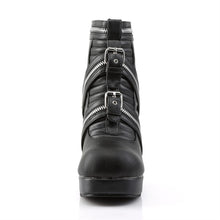 Load image into Gallery viewer, front side view of Black vegan leather with 3 3/4" block heel and 1" platform ankle boot Features triple zippered straps and two buckled straps at center, full back zip closure