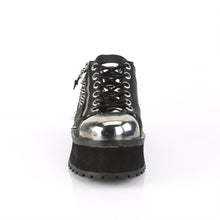 Load image into Gallery viewer, front side view of black vegan leather 2 3/4" platform Silver chrome plated metal toe cap Lace-up oxford w/ ornamental double metal zippers w/ lightening bolt zipper head Pyramid shaped plates on heel & tongue with cone stud detailing