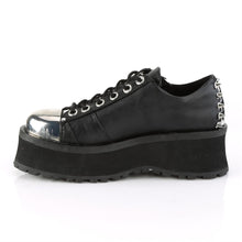 Load image into Gallery viewer, inner side view of black vegan leather 2 3/4" platform Silver chrome plated metal toe cap Lace-up oxford w/ ornamental double metal zippers w/ lightening bolt zipper head Pyramid shaped plates on heel & tongue with cone stud detailing