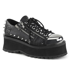 Load image into Gallery viewer, outer side view of black vegan leather 2 3/4" platform Silver chrome plated metal toe cap Lace-up oxford w/ ornamental double metal zippers w/ lightening bolt zipper head Pyramid shaped plates on heel & tongue with cone stud detailing