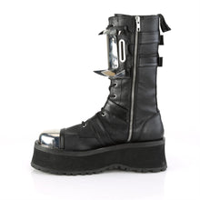 Load image into Gallery viewer, left side view of black vegan leather 3/4" platform Silver chrome plated metal toe cap Lace-up mid-calf boot Features buckle straps & cuff Features large silver chrome plate with large and small claw spikes and inside metal zip closure