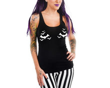 Load image into Gallery viewer, women's Black racerback tank top with white multi-bats print on both breasts