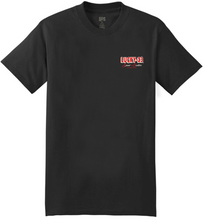 Load image into Gallery viewer, front of Black Lucky 13 amped t-shirt with a full back print of the "Hot Rod" wolf graphic, and a front left chest print.