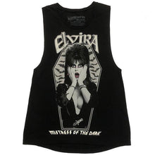 Load image into Gallery viewer, front of Elvira Mistress of the Dark tank top/sleeveless t-shirt. Shirt features bats and Elvira in a coffin shaped design.