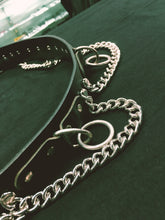 Load image into Gallery viewer, black bondage belt with silver hanging o rings and silver hanging chain