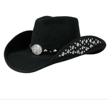 Load image into Gallery viewer, Black felt cowboy hat, silver pyramid studs around base, bedazzled jewel on front, jewels and studs along underside of brim on both sides