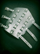 Load image into Gallery viewer, black leather gauntlet with woven leather design and three adjustable straps closure