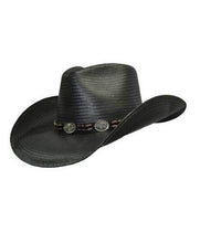 Load image into Gallery viewer, Black semi shiny straw material cowboy hat, brown two row bead design with multiple metal conchos around brim