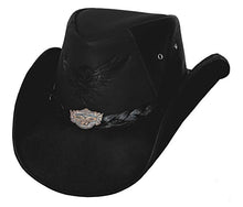 Load image into Gallery viewer, Real black leather, embossed skull with wings on front base of hat, braided leather around base of hat, skull and wings pendant on front of hat