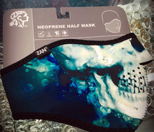 Load image into Gallery viewer, Half face riding mask with painted blue, white and green skull on front side. Can be reversed to an all black side.