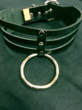 Load image into Gallery viewer, black leather three row strap sub bondage collar with large silver hanging o ring. shows adjustable buckle closure