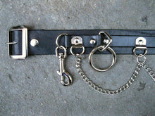 Load image into Gallery viewer, mannequin displaying black leather belt with five silver hanging bondage o rings and silver hanging chain