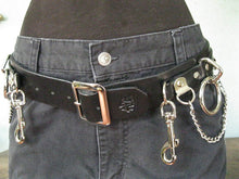 Load image into Gallery viewer, mannequin displaying black leather belt with five silver hanging bondage o rings and silver hanging chain