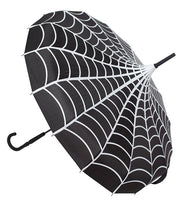 Load image into Gallery viewer, side view of Vintage-inspired classic shape, black umbrella with white spiderwebs, featuring a domed top to shield you from the rain or sun, with a slender, black J-shaped handle.