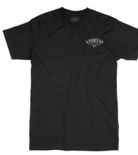 Load image into Gallery viewer, front of Black Lucky 13 t-shirt with a full back print of our beautiful "Miss Trust" pin-up ghoul and a front left chest pocket print to match.