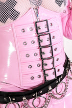 Load image into Gallery viewer, side of Pink shiny vinyl underbust waist cincher with front zip and 5 adjustable belt overlay over top of zipper with a 4 way stretch.