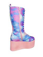 Load image into Gallery viewer, inner view of Printed blue, purple, pink pastel upper, pink molded outsole, pink enamel eyelets and pink round lace boot. Boot has full lace-up front and full inner side zip.