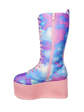 Load image into Gallery viewer, inner view of Printed blue, purple, pink pastel upper, pink molded outsole, pink enamel eyelets and pink round lace boot. Boot has full lace-up front and full inner side zip.