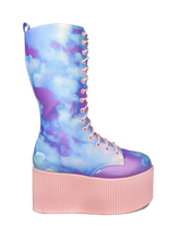 Load image into Gallery viewer, side view of Printed blue, purple, pink pastel upper, pink molded outsole, pink enamel eyelets and pink round lace boot. Boot has full lace-up front and full inner side zip.