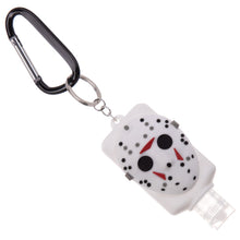 Load image into Gallery viewer, rubber jason voorhees hockey mask hand sanitizer holder. empty bottle included. bottle holder has carabiner