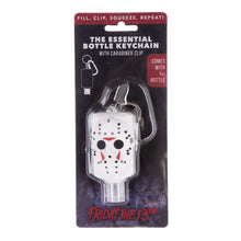 Load image into Gallery viewer, rubber jason voorhees hockey mask hand sanitizer holder. empty bottle included. bottle holder has carabiner