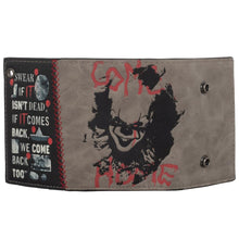 Load image into Gallery viewer, back of IT Pennywise wallet with pennywise the clown picture and text that reads "come home"
