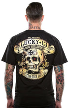 Load image into Gallery viewer, back of Black Lucky 13 t-shirt with a back print of the Lucky 13 "Booze, Bikes & Broads" graphic and a front left chest print to match.