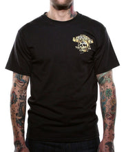 Load image into Gallery viewer, front of Black Lucky 13 t-shirt with a back print of the Lucky 13 "Booze, Bikes & Broads" graphic and a front left chest print to match.